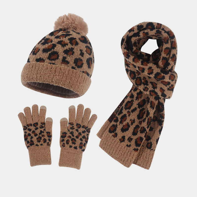 H00030 Čiapka s leopardím vzorom Šál Rukavice Pletený oblek
