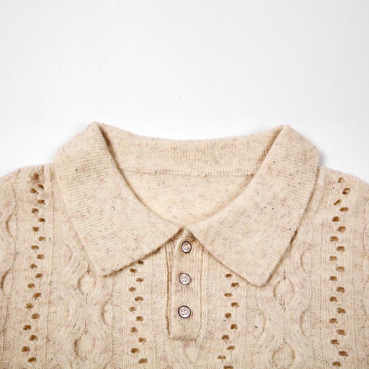 SM-K0012 Jarná jesenná polo klopa Jednofarebný pletený pulóver s dutým dnom SM-K0012 Jarná jesenná polo klopa Jednofarebný pletený pulóver s dutým dnom