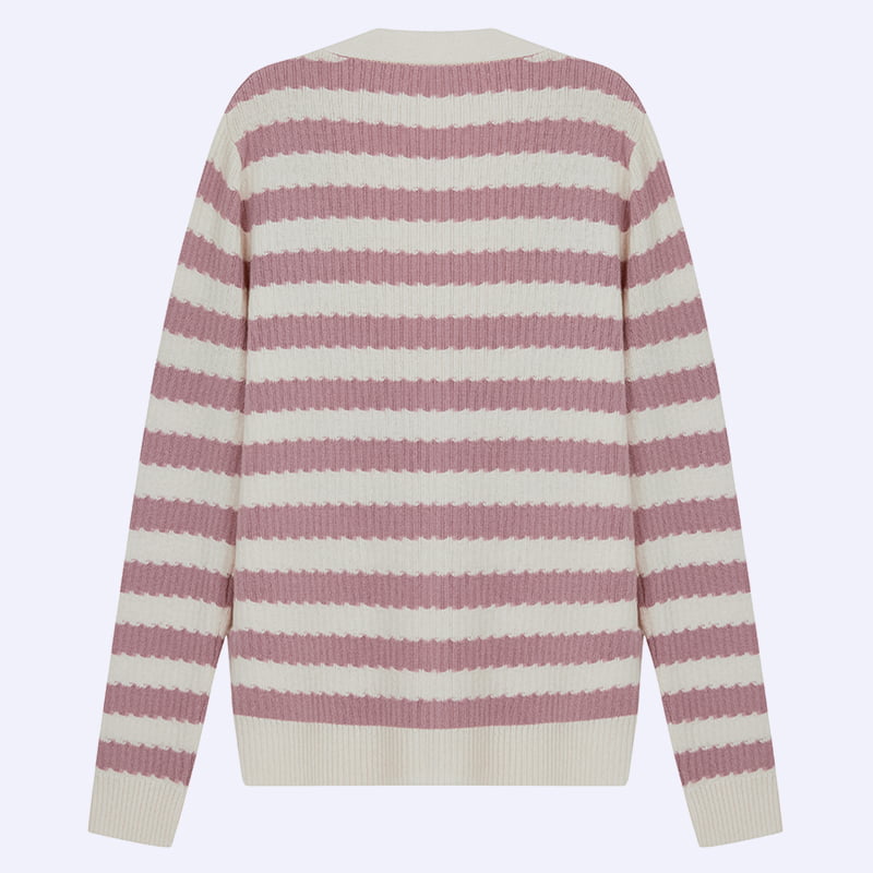 ML2204 Ružovo-biela pletená svetrová bunda s véčkovým výstrihom a výstrihom do V ML2204 Ružovo-biela pletená svetrová bunda s véčkovým výstrihom a výstrihom do V