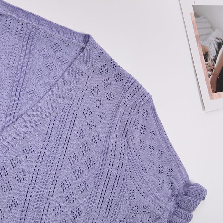 SM-K0015 Letný kardigan s výstrihom do V, krátkym tenkým, krátkym rukávom, dutý ľadový hodvábny úplet SM-K0015 Letný kardigan s výstrihom do V, krátkym tenkým, krátkym rukávom, dutý ľadový hodvábny úplet