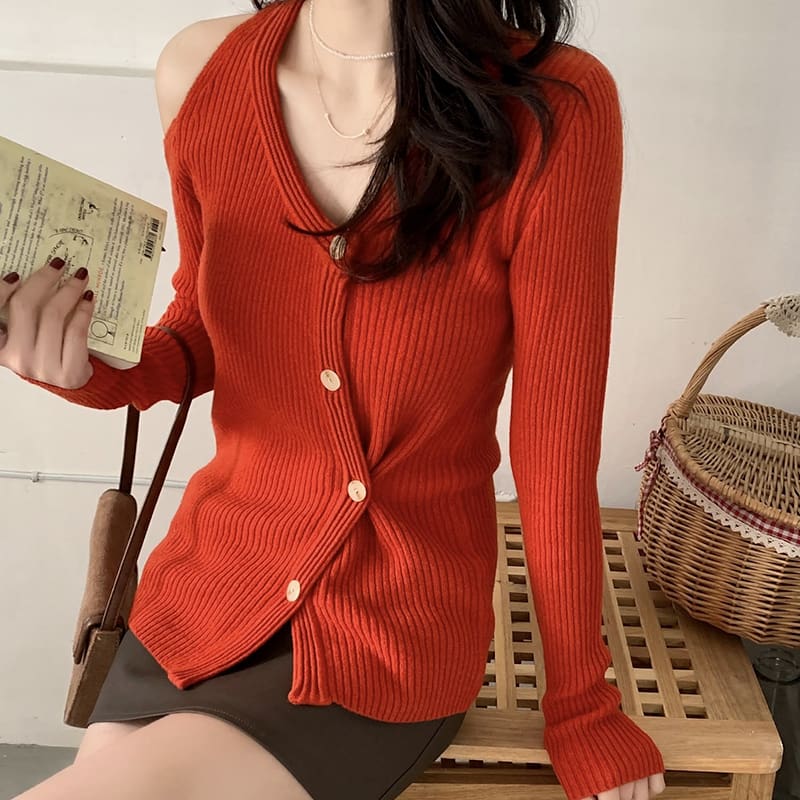 SM-K0022 Pletený kardigán s dlhým rukávom a výstrihom do V, mimo ramena SM-K0022 Pletený kardigán s dlhým rukávom a výstrihom do V, mimo ramena