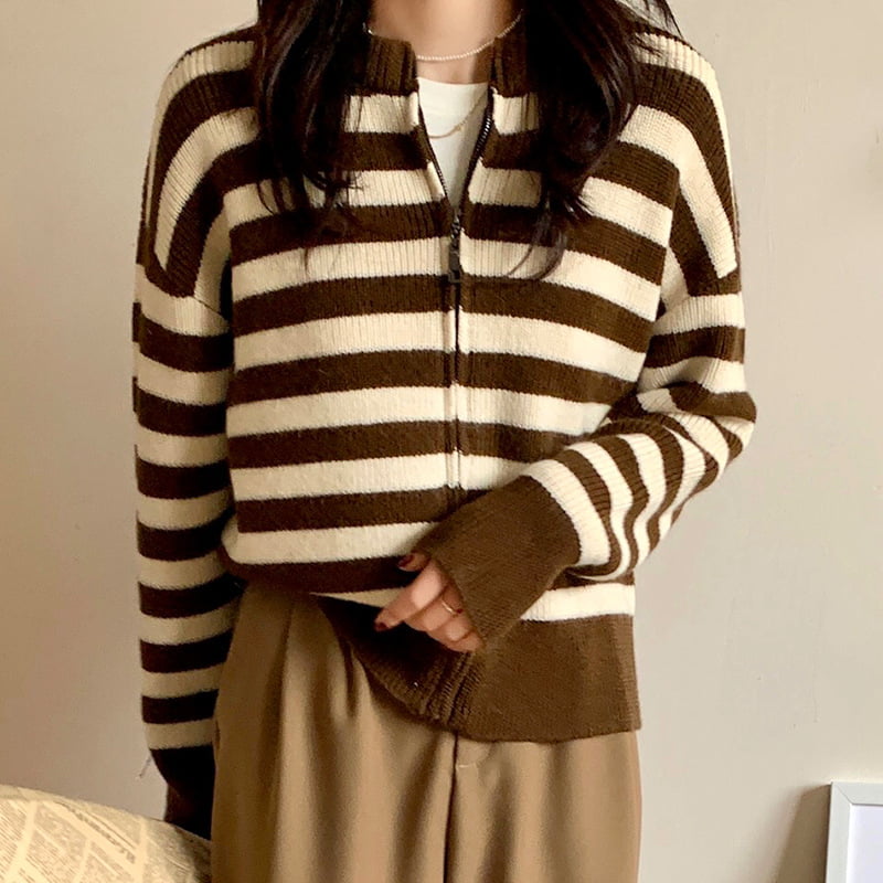 SM-K0029 Jarný dámsky pulóver s okrúhlym výstrihom, pruhovaný sveter na zips pletený kardigán SM-K0029 Jarný dámsky pulóver s okrúhlym výstrihom, pruhovaný sveter na zips pletený kardigán