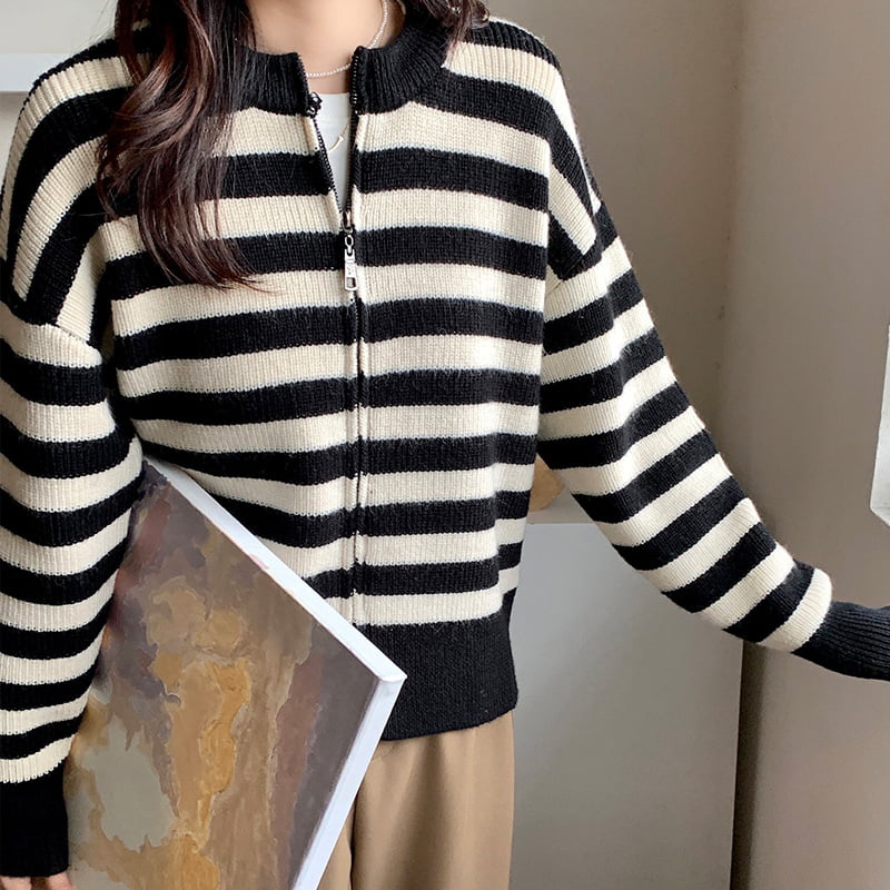 SM-K0029 Jarný dámsky pulóver s okrúhlym výstrihom, pruhovaný sveter na zips pletený kardigán SM-K0029 Jarný dámsky pulóver s okrúhlym výstrihom, pruhovaný sveter na zips pletený kardigán
