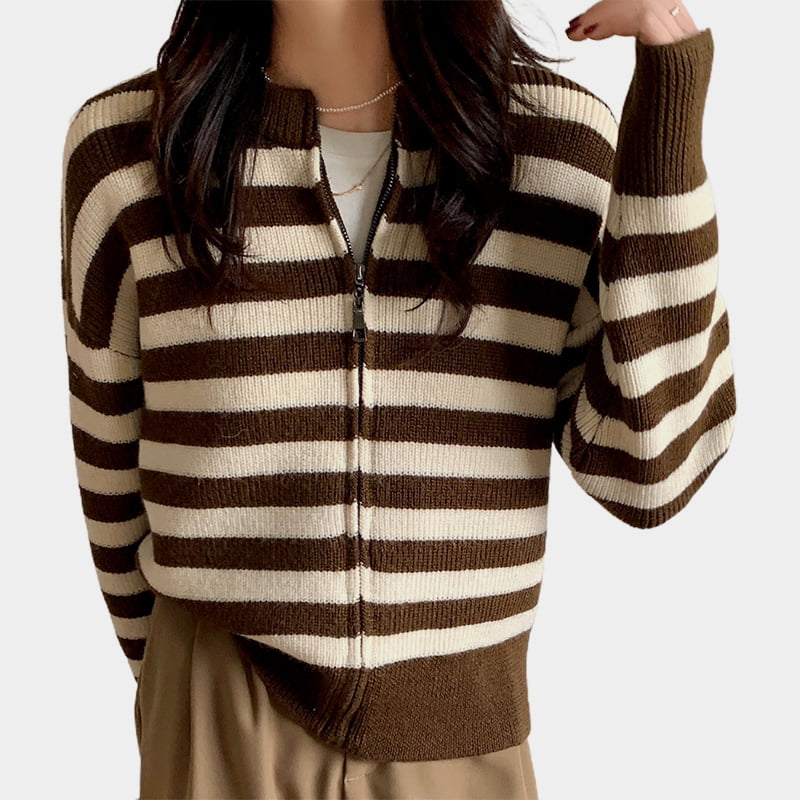 SM-K0029 Jarný dámsky pulóver s okrúhlym výstrihom, pruhovaný sveter na zips pletený kardigán SM-K0029 Jarný dámsky pulóver s okrúhlym výstrihom, pruhovaný sveter na zips pletený kardigán