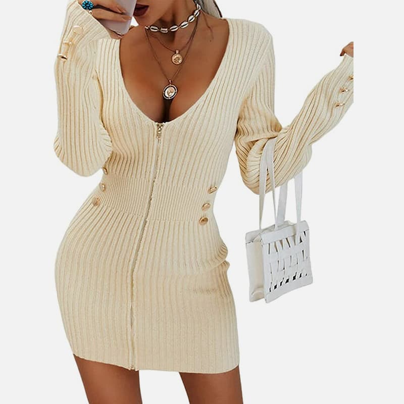 SM-K0078 Krátke tenké pletené šaty s výstrihom do V a dlhým rukávom na zips SM-K0078 Krátke tenké pletené šaty s výstrihom do V a dlhým rukávom na zips