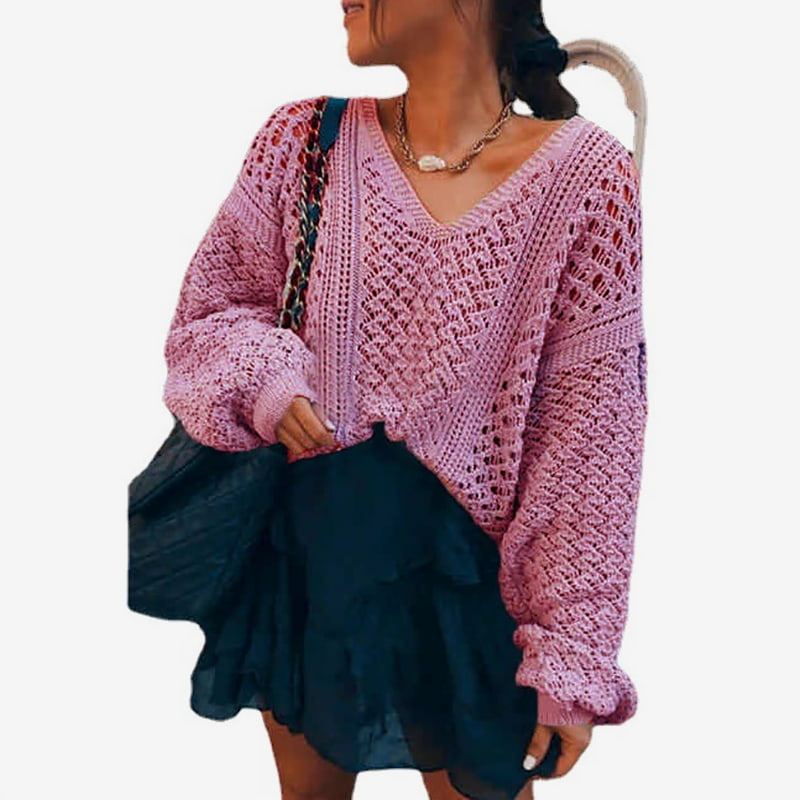 SM-K0082 Jednofarebný pulóver s dutým úpletom a výstrihom do V, pletený pulóver SM-K0082 Jednofarebný pulóver s dutým úpletom a výstrihom do V, pletený pulóver