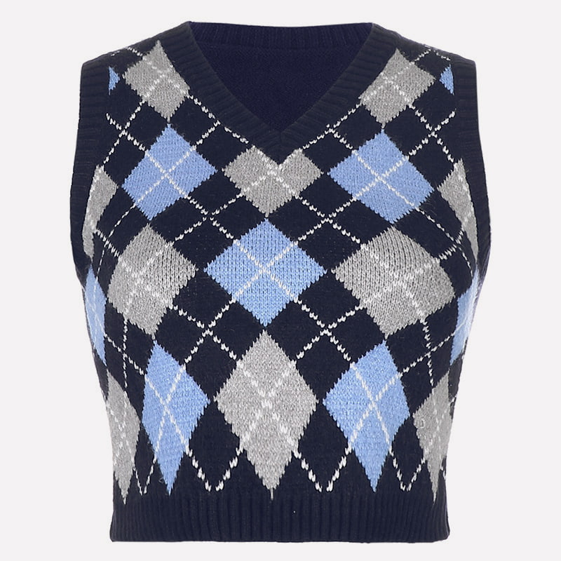 SM-K0058 Krátka pletená vesta s výstrihom do V a geometrickým vzorom SM-K0058 Krátka pletená vesta s výstrihom do V a geometrickým vzorom