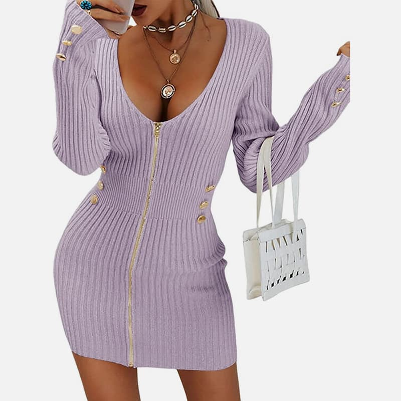 SM-K0078 Krátke tenké pletené šaty s výstrihom do V a dlhým rukávom na zips SM-K0078 Krátke tenké pletené šaty s výstrihom do V a dlhým rukávom na zips