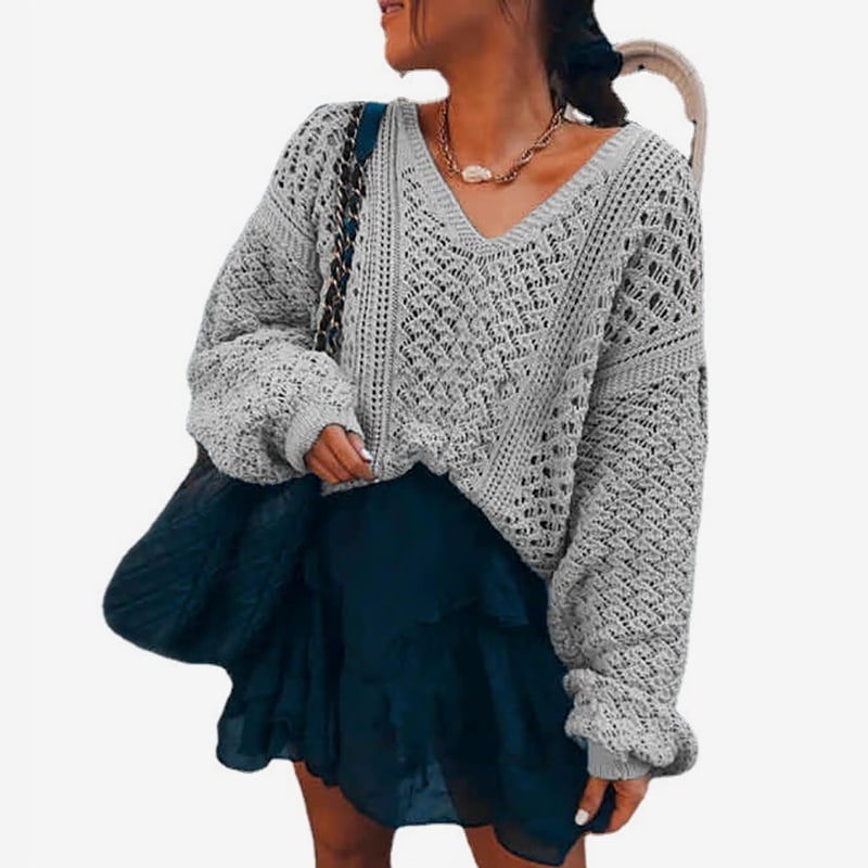 SM-K0082 Jednofarebný pulóver s dutým úpletom a výstrihom do V, pletený pulóver SM-K0082 Jednofarebný pulóver s dutým úpletom a výstrihom do V, pletený pulóver