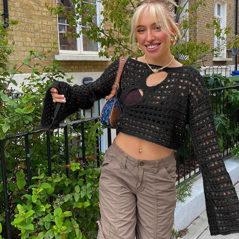 SM-K0084 Krátky pletený sveter s dutým rožkom SM-K0084 Krátky pletený sveter s dutým rožkom