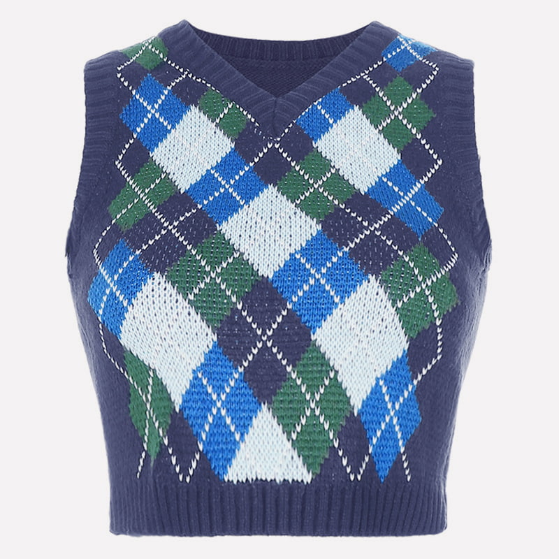 SM-K0058 Krátka pletená vesta s výstrihom do V a geometrickým vzorom SM-K0058 Krátka pletená vesta s výstrihom do V a geometrickým vzorom