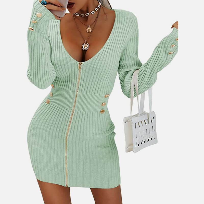 SM-K0078 Krátke tenké pletené šaty s výstrihom do V a dlhým rukávom na zips SM-K0078 Krátke tenké pletené šaty s výstrihom do V a dlhým rukávom na zips