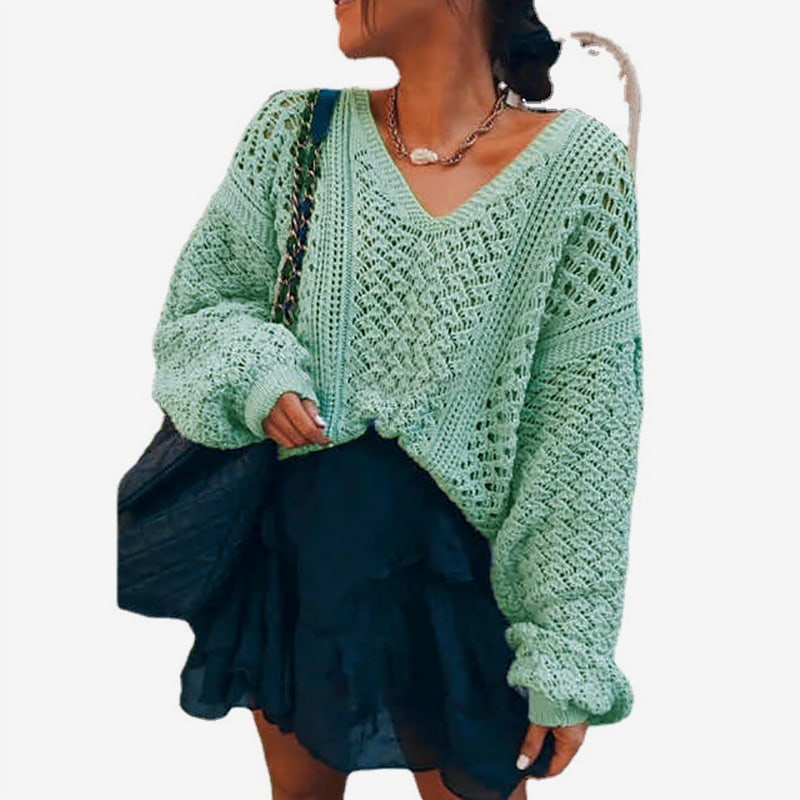 SM-K0082 Jednofarebný pulóver s dutým úpletom a výstrihom do V, pletený pulóver SM-K0082 Jednofarebný pulóver s dutým úpletom a výstrihom do V, pletený pulóver