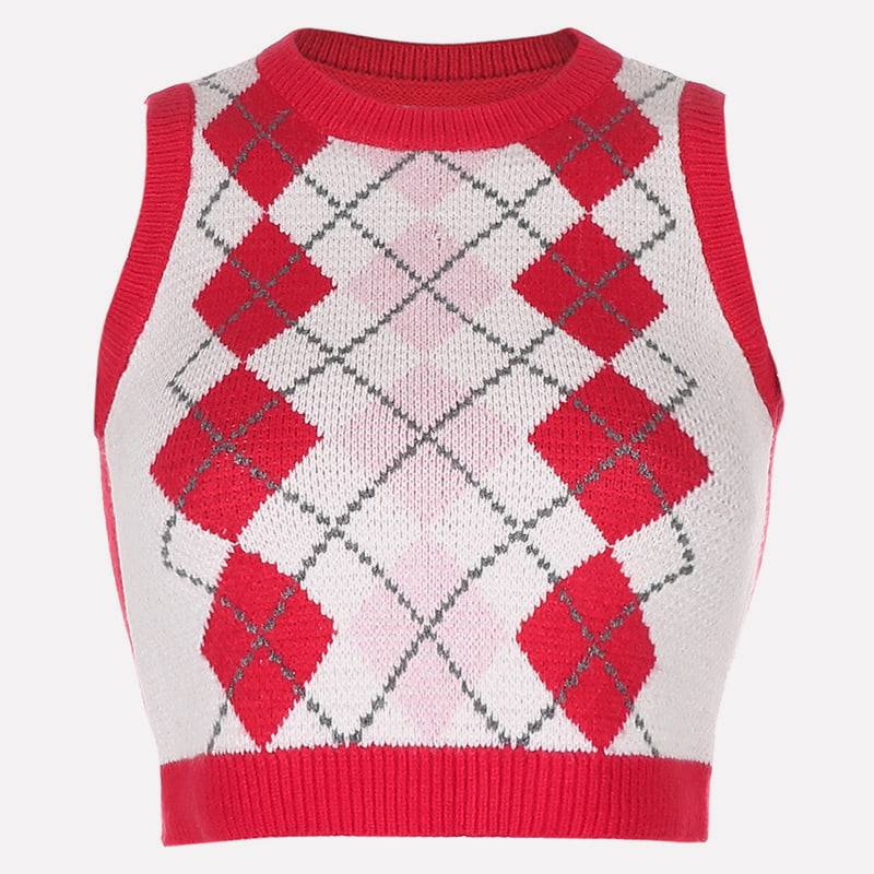 SM-K0058 Krátka pletená vesta s výstrihom do V a geometrickým vzorom SM-K0058 Krátka pletená vesta s výstrihom do V a geometrickým vzorom