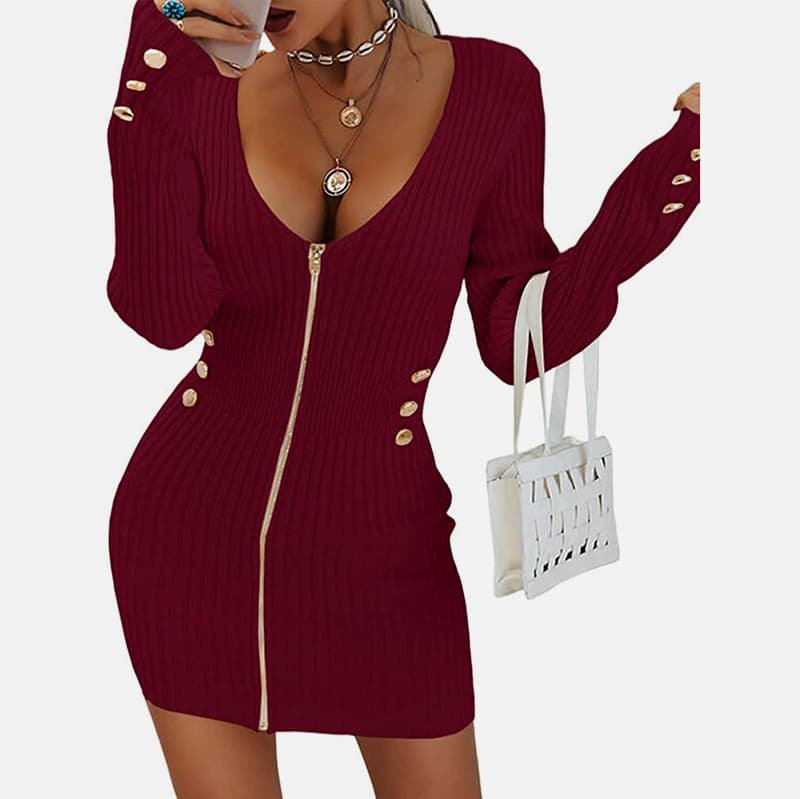 SM-K0078 Krátke tenké pletené šaty s výstrihom do V a dlhým rukávom na zips SM-K0078 Krátke tenké pletené šaty s výstrihom do V a dlhým rukávom na zips