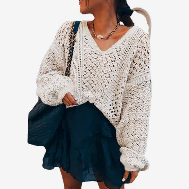 SM-K0082 Jednofarebný pulóver s dutým úpletom a výstrihom do V, pletený pulóver SM-K0082 Jednofarebný pulóver s dutým úpletom a výstrihom do V, pletený pulóver