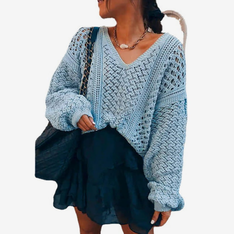 SM-K0082 Jednofarebný pulóver s dutým úpletom a výstrihom do V, pletený pulóver SM-K0082 Jednofarebný pulóver s dutým úpletom a výstrihom do V, pletený pulóver