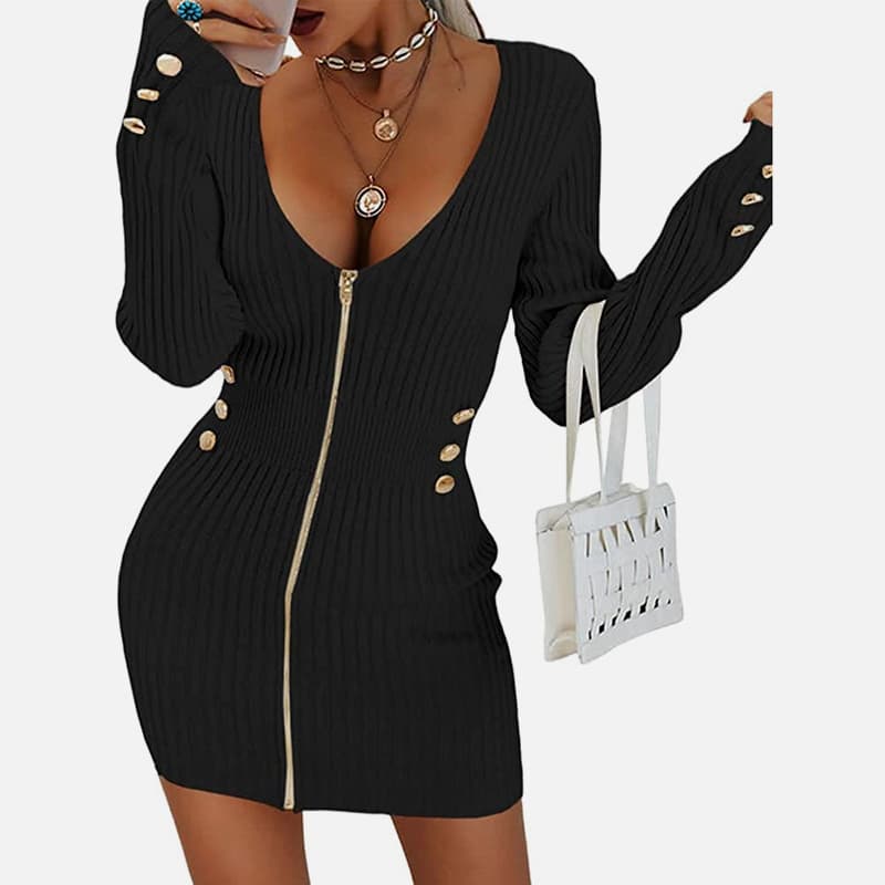 SM-K0078 Krátke tenké pletené šaty s výstrihom do V a dlhým rukávom na zips SM-K0078 Krátke tenké pletené šaty s výstrihom do V a dlhým rukávom na zips