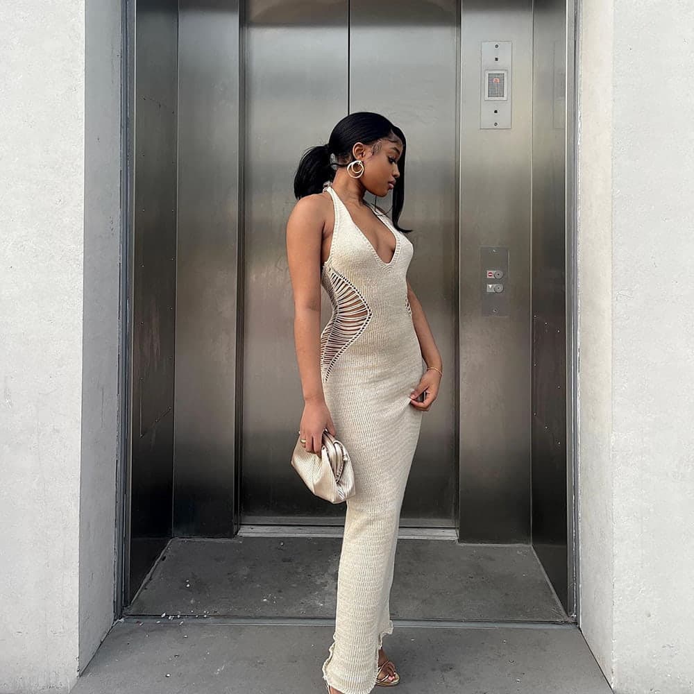 SM-K0073 Jednofarebné pletené šaty s výstrihom do V a bez rukávov SM-K0073 Jednofarebné pletené šaty s výstrihom do V a bez rukávov